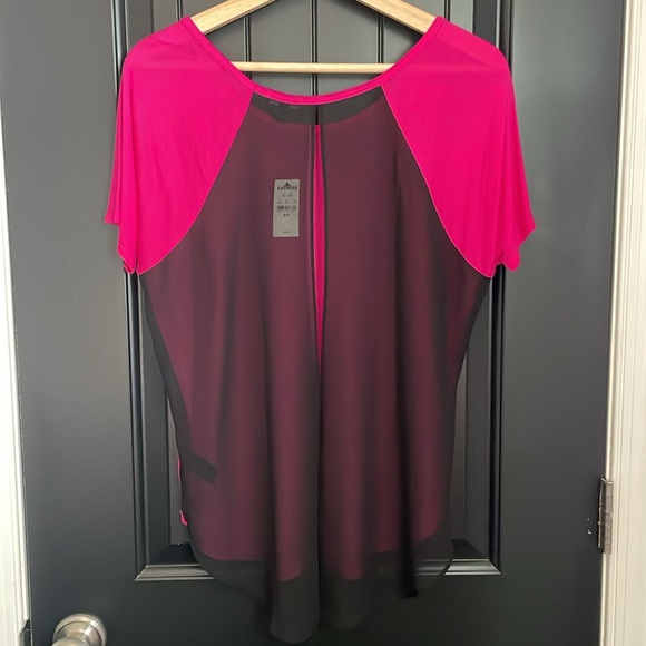 EXPRESS hot pink + black sheer split back short sleeve top - Picture 2 of 7